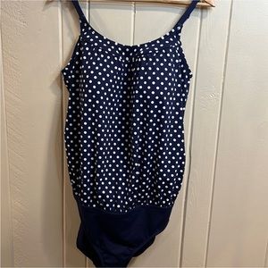 Lands end polka dot one piece swimsuit blue with white dots